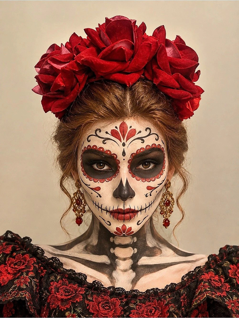 Catrina day of the dead Red suede roses Crown Headband New.